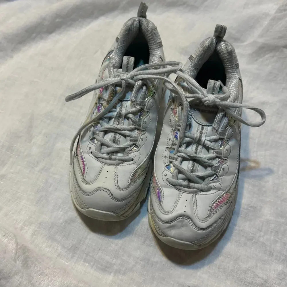 Skechers D'Lites white & silver Leather trainers iridescent, sparkly size 7.5
